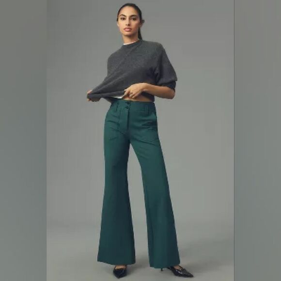 Anthropologie The Naomi Ponte Wide-Leg Flare Pants In Dark Turquoise Size 4P NWT - Picture 1 of 4